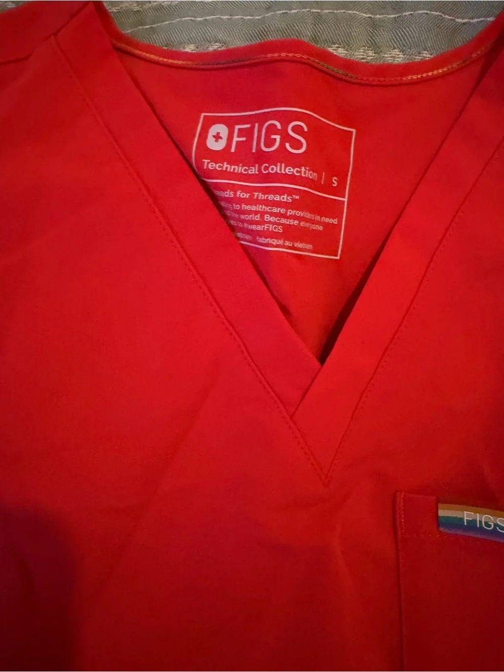 Figs Red V-Neck Scrub Top with Logo Tab - Picture 3 of 5
